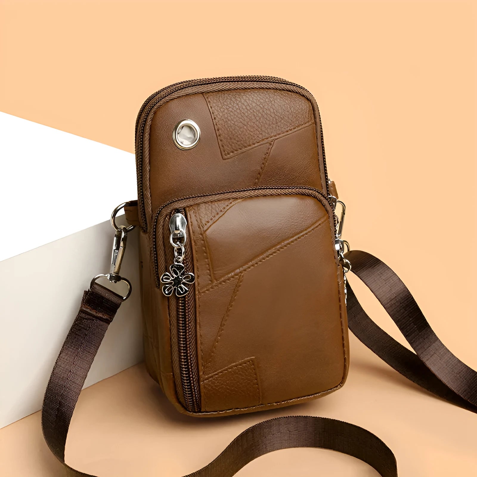 Vertical square mobile phone bag with sandwich pocket in PU material