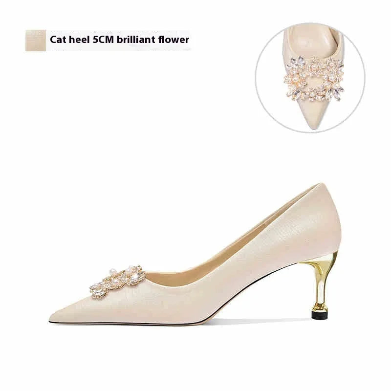 French wedding crystal bridal high heels with rhinestones, pointed toes, and choice of stiletto or cat heel styles