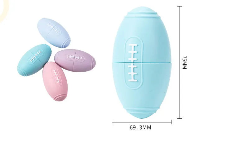 Blue silicone rugby ball dog toy with treat-dispensing centre for chewing and fetching
