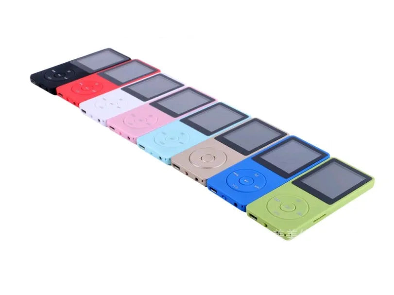 Compact MP4 player with 1.8-inch colour screen showing video playback, available in black, blue, golden, green, light blue, pink, red or white