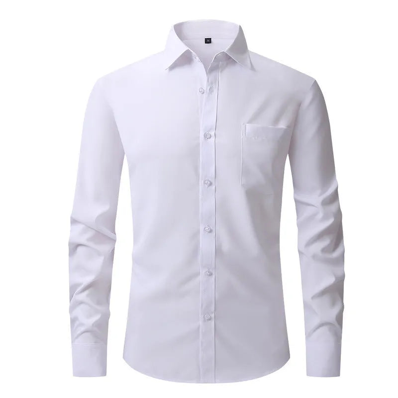Casual long sleeve business blouse for men, 40-thread polyester, Pearl White colour, front view flat lay.