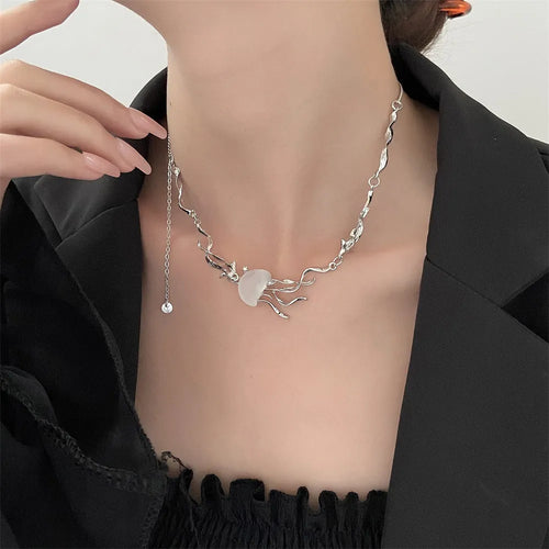 Alloy jellyfish tassel necklace for women with electroplating finish, 5 colour options, includes earrings