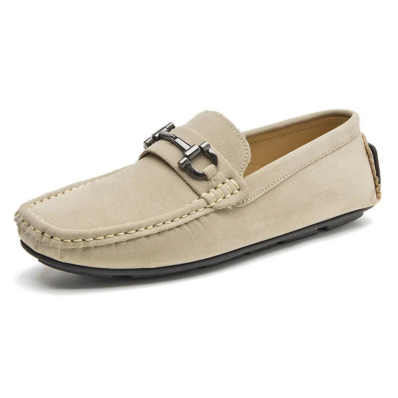 Men's beige leather casual loafers with a round toe and rubber sole.