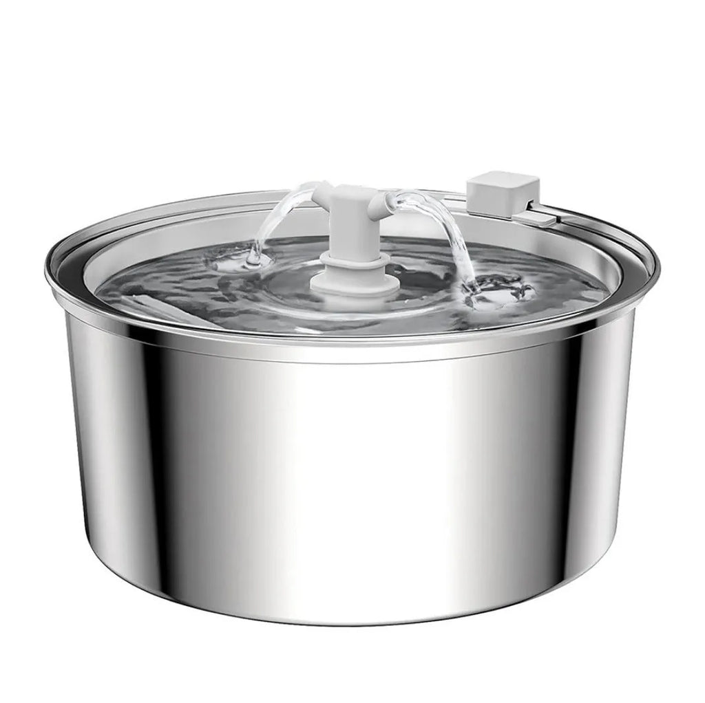 Stainless steel pet water dispenser with round runway design and bowl-window faucet