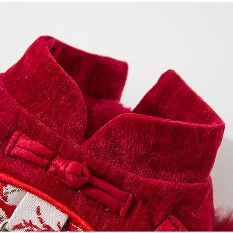 Chinese-style pet jacket with stand-up collar and festive prints in red or pink for small dogs and cats
