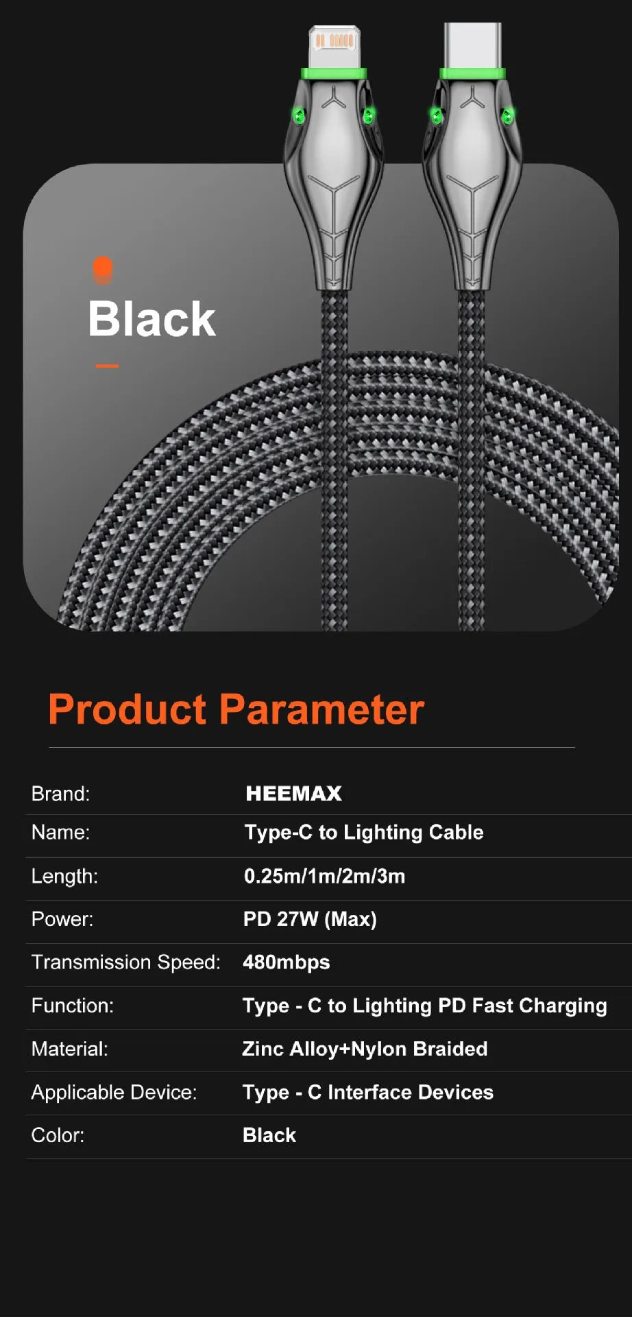 Black PD27W fast charge data cable with zinc alloy connector and indicator light for phone and tablet