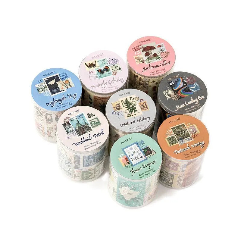 A roll of retro-patterned coated paper stamp stickers, 55mm wide, for DIY journal decoration.