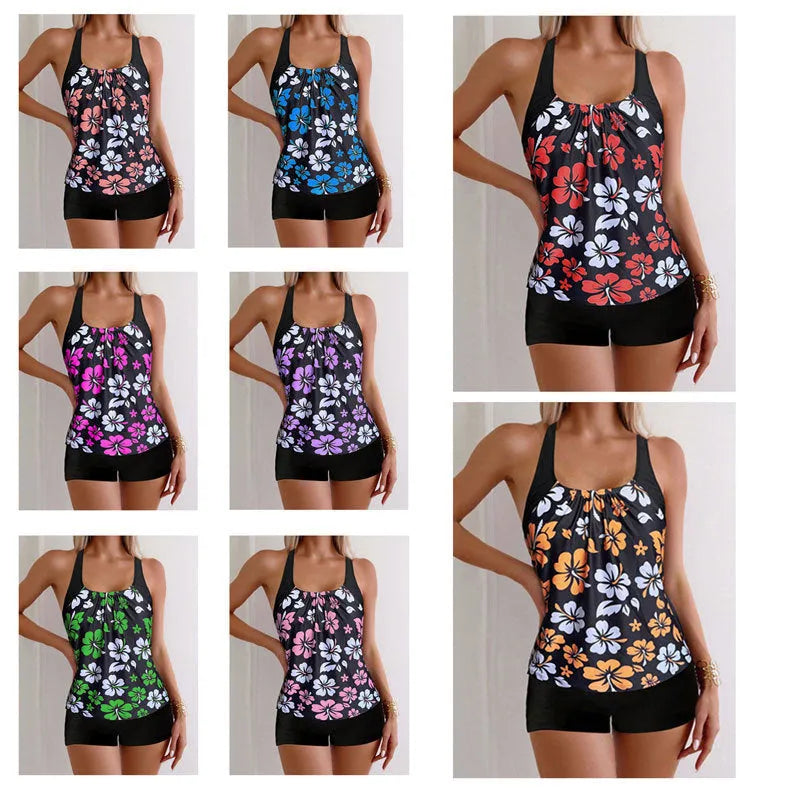 Women's slim-fit printed boxer suit bikini set in floral design with matching top
