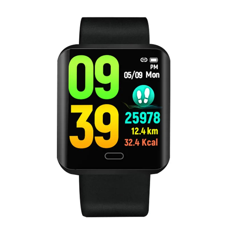 B8 smart bracelet in black alloy case with silicone band showing LED display