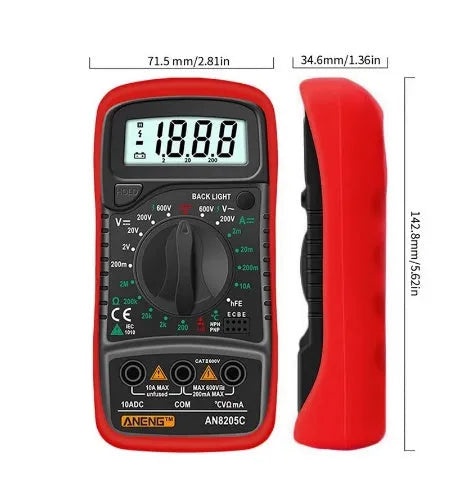 Handheld digital multimeter display showing 1999 counts on yellow meter with test leads and temperature wire accessories