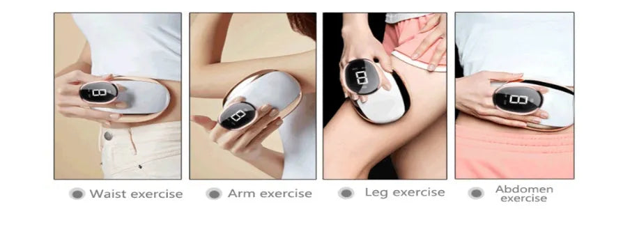White rechargeable EMS body shaping massager with contact charging base and USB cable