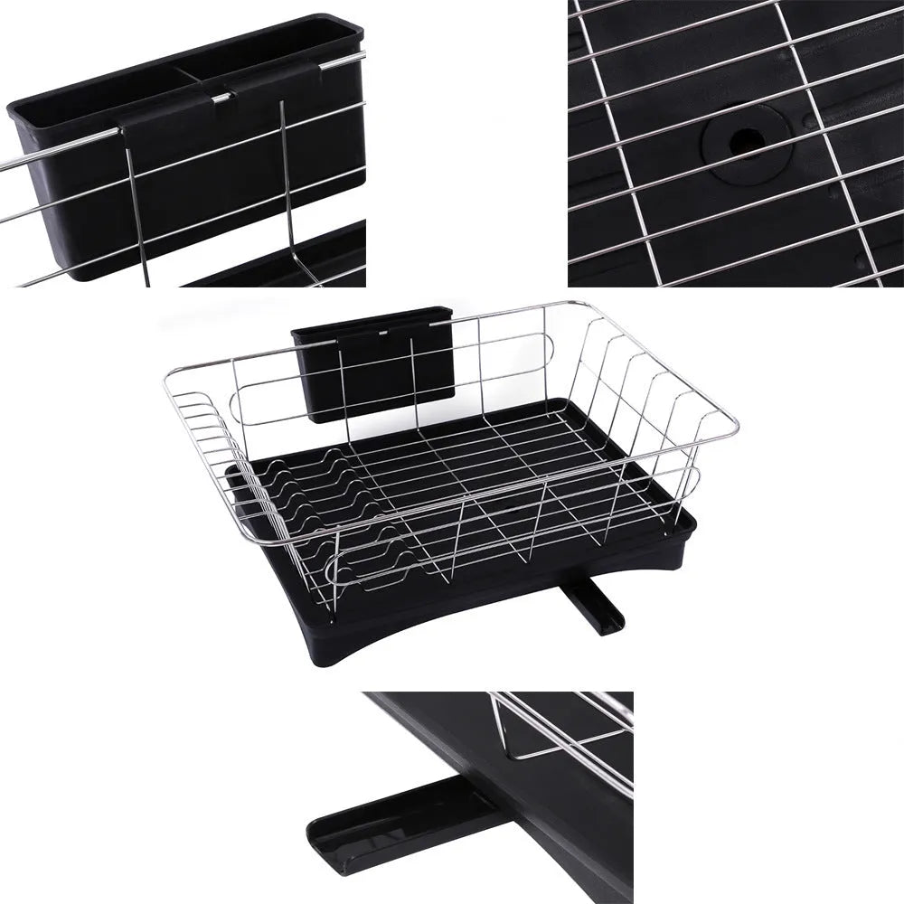 Black stainless steel counter top dish drying rack with plastic drain board and cutlery holder