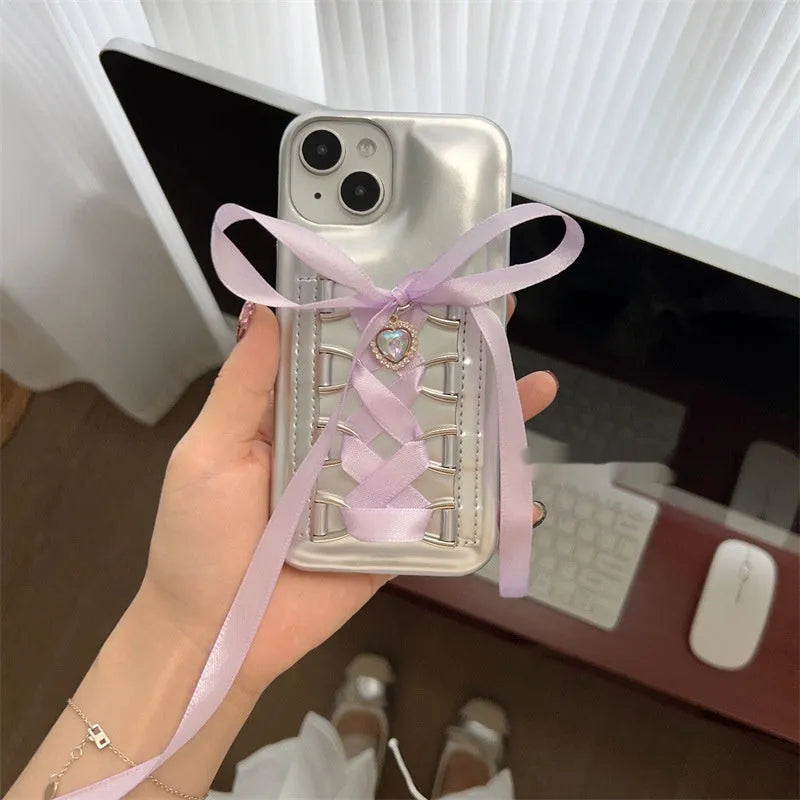 Electroplated silver PC phone case with shoelace bow for iPhone 15, blue colour
