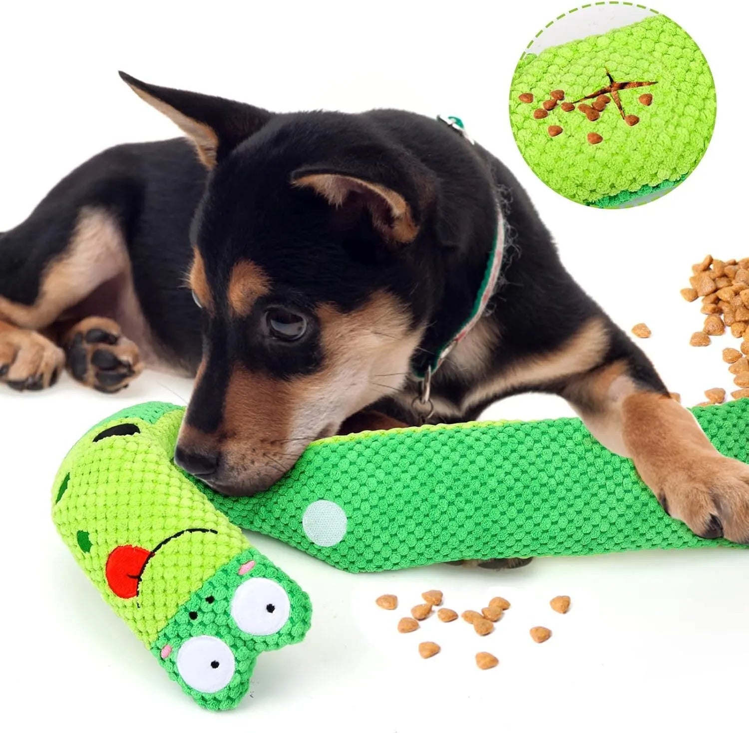 Plush velvet dog toy in transformable snail or stick shape with hidden treat holes.