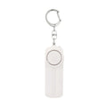 Compact pink personal safety alarm with keychain, showing dimensions and LED light.