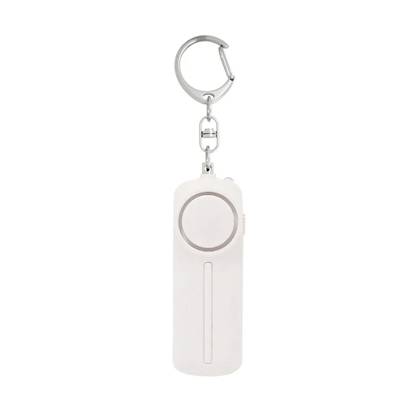 Compact pink personal safety alarm with keychain, showing dimensions and LED light.