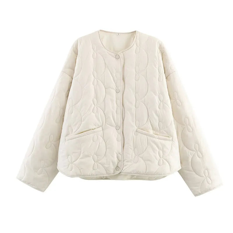 Temperament Women's Bow Quilted Coat in black, medium thickness polyester straight cut regular sleeves