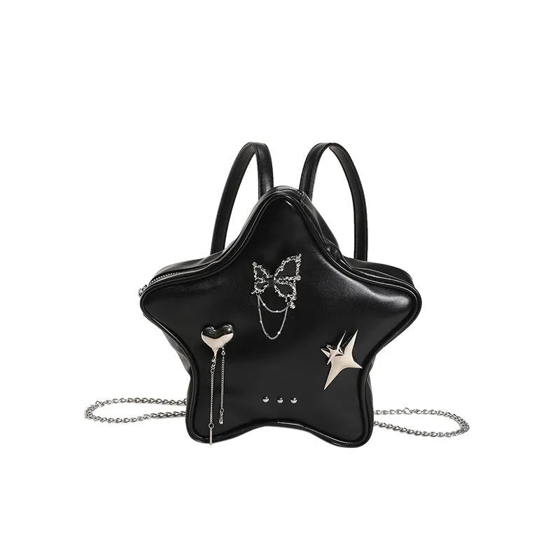 Black PU leather backpack with metal chain trim and star pendant on strap