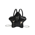 Black PU leather backpack with metal chain trim and star pendant on strap