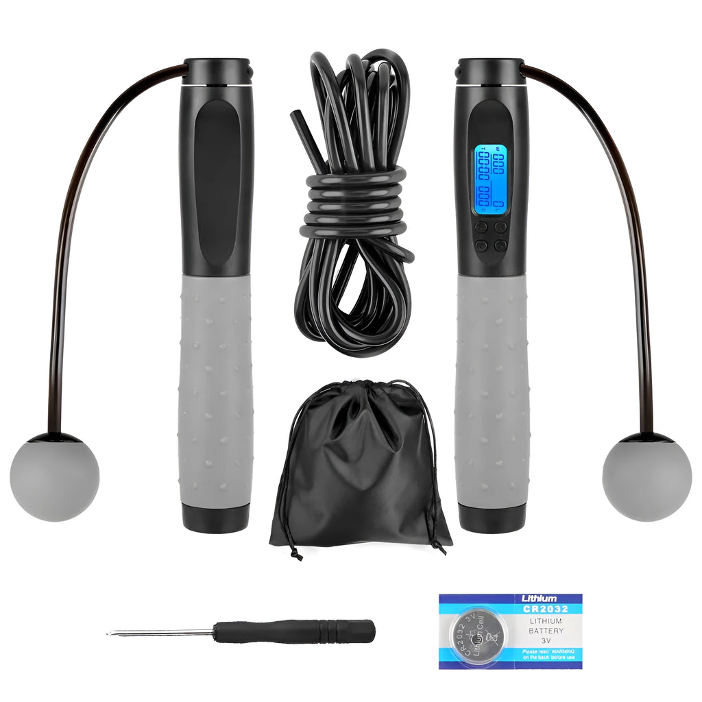 Smart electronic counting skipping rope with ABS TPE handle, 3m and 30cm PVC ropes, and 325mm rubber ball.