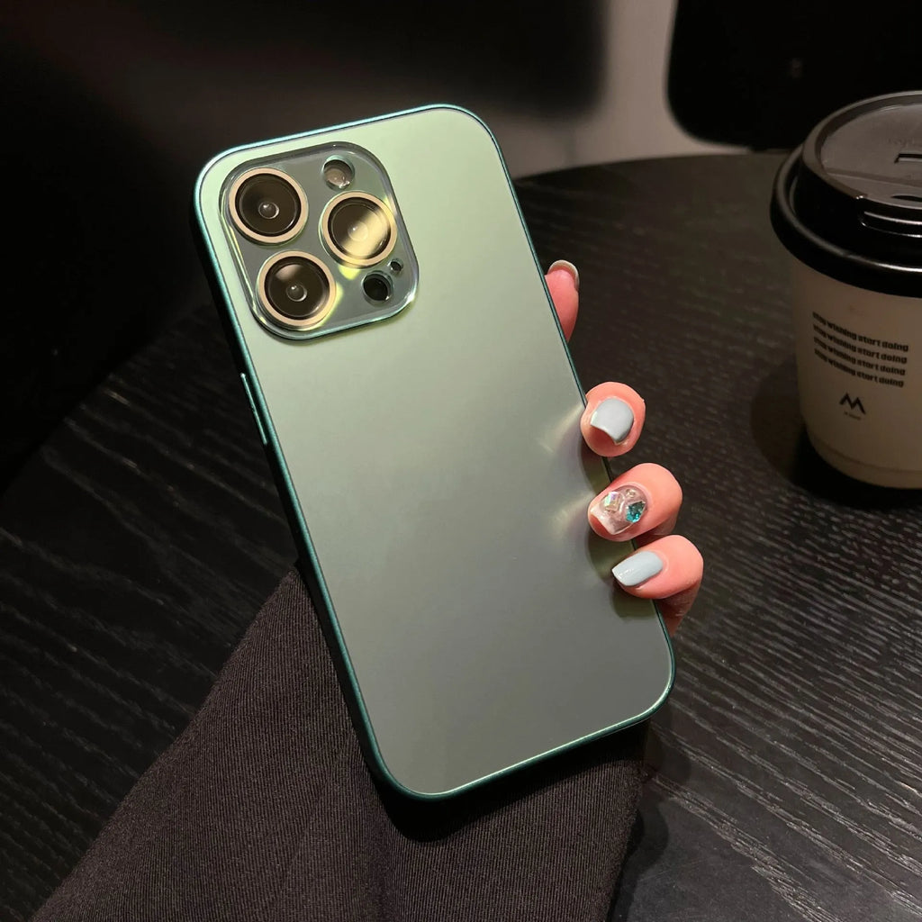 iPhone 15 Pro Max frosted PC phone case in shiny black with all-inclusive design and glass lens protector
