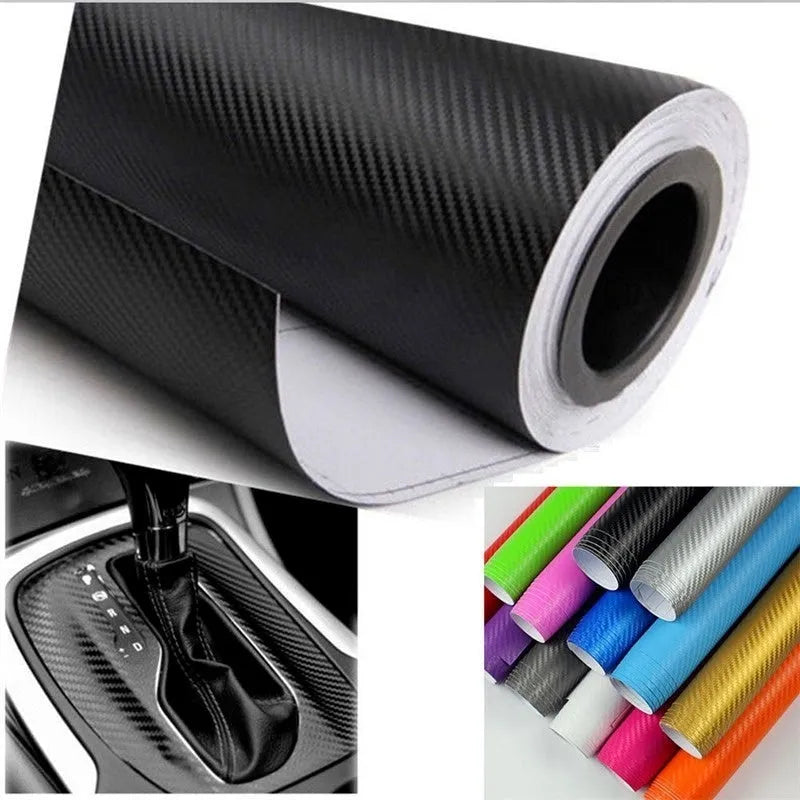 Roll of carbon fibre pattern vinyl sticker measuring 30cm wide, showing colour options for car decoration.