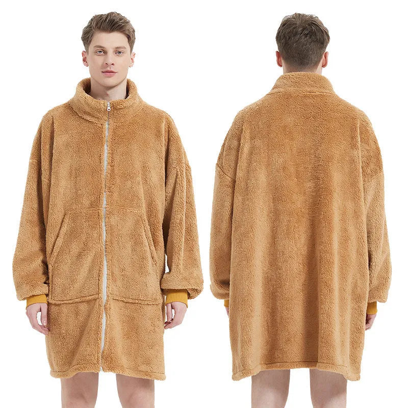 Men's camel polar fleece zipper cardigan nightgown with round neck on a hanger