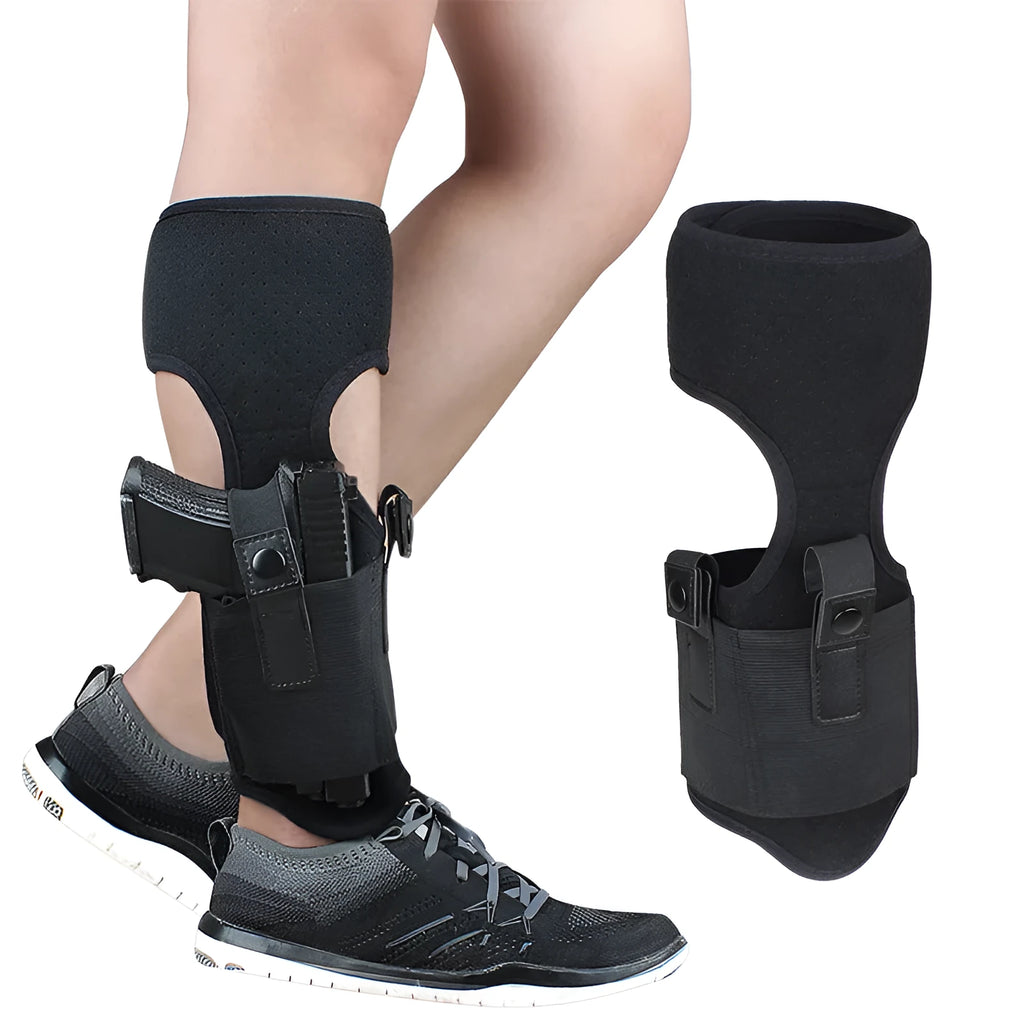 Black neoprene invisible ankle holster for universal pistol with 200g weight and 18x16x13cm dimensions