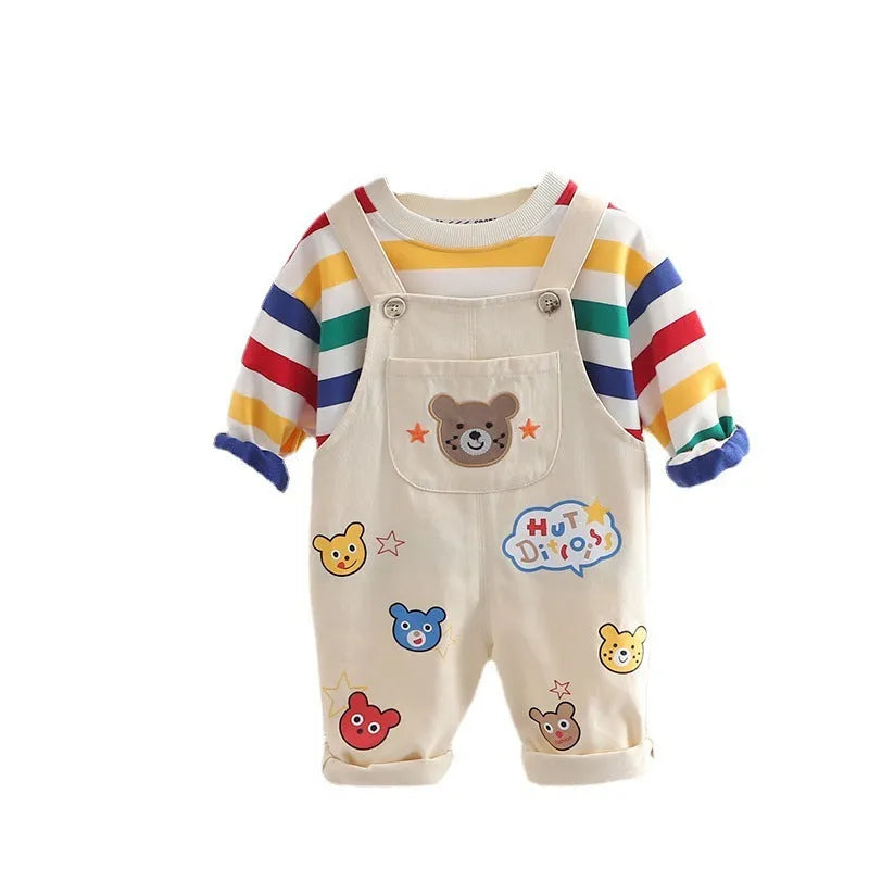 Yellow cotton plaid boys overalls suit with shirt and strap pants for child height 100cm