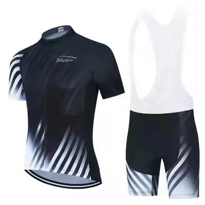 Cycling jersey and shorts set for summer road and mountain bike riding with moisture wicking properties