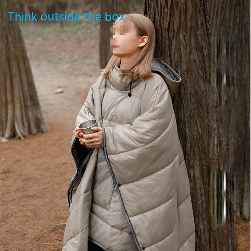 Army Green wearable cloak sleeping bag for adults laid flat, showing 200x140cm size and cape design.
