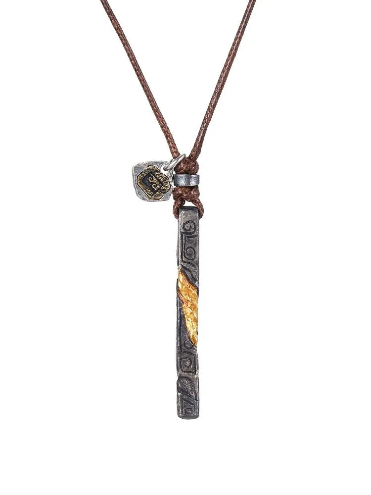 Handmade sterling silver men's necklace with 24K gold and gemstone inlay