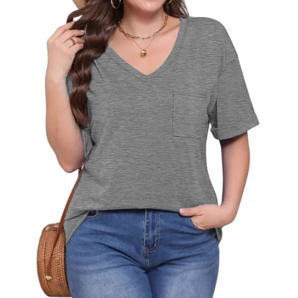 Grey loose fit V-neck t-shirt with a chest pocket on a solid background