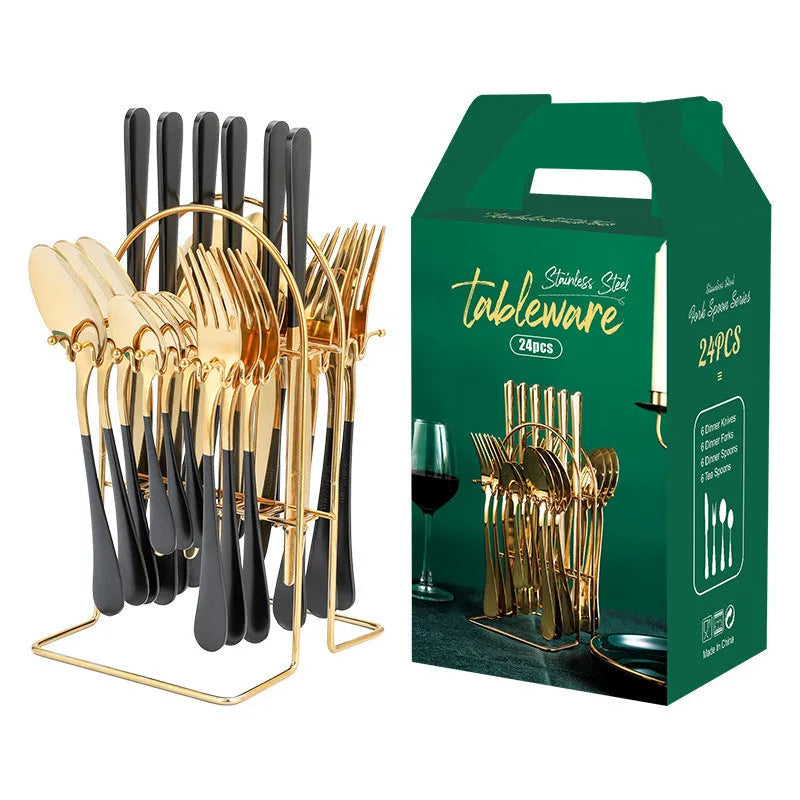 Gold stainless steel 24-piece cutlery set with knives, forks, spoons, tea spoons and a storage rack.