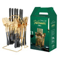 Gold stainless steel 24-piece cutlery set with knives, forks, spoons, tea spoons and a storage rack.