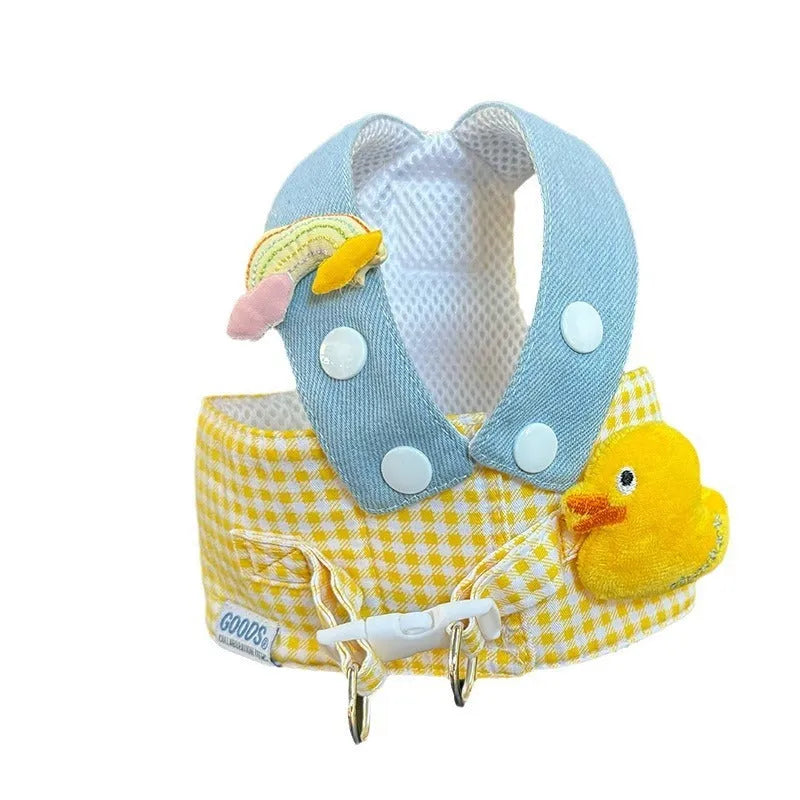 Pet summer outfit set with cat clothes, hat, and wire rope dog harness leash in bright colours