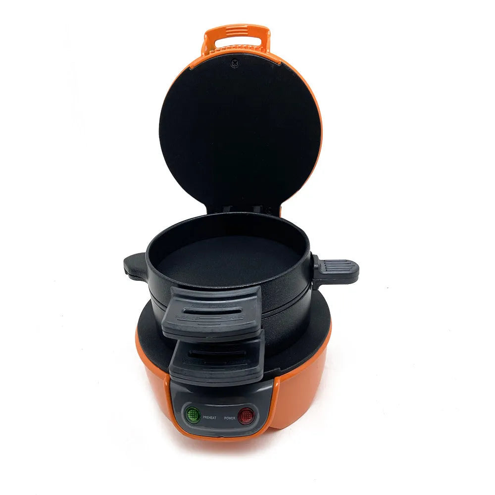 Household breakfast machine sandwich maker with egg cooker ring, 750W, in silver gray on a kitchen counter