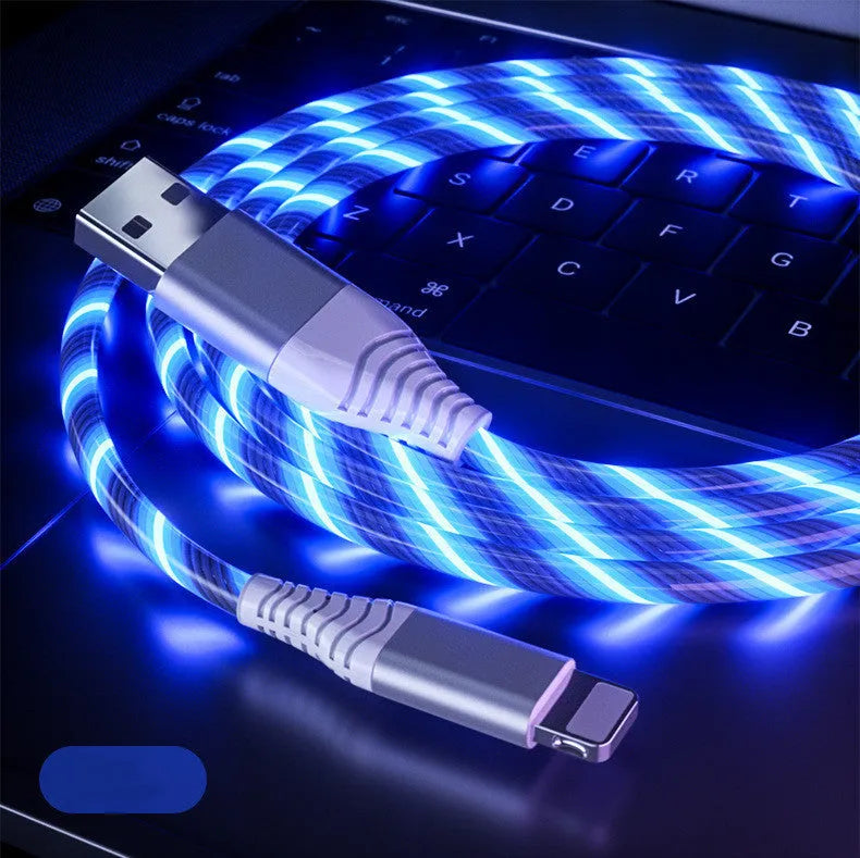 Luminous three-in-one fast charging cable with aluminium alloy connectors for USB C and Micro USB devices.