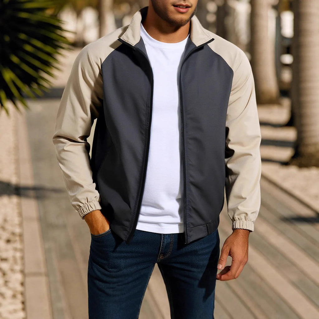 Men's loose fit casual jacket with stand collar and raglan sleeves in red, khaki, or green.