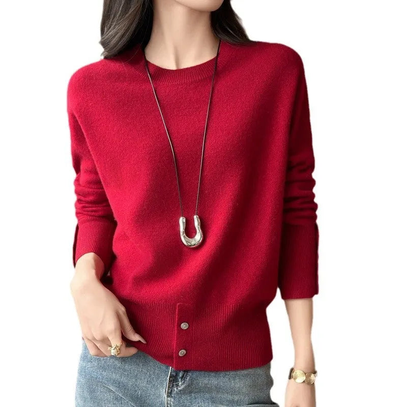 Women's French-style button split turtleneck sweater in wool, thick knit, 50cm length, mint green caramel brown purplish red raw velvet rice, sizes M L XL.