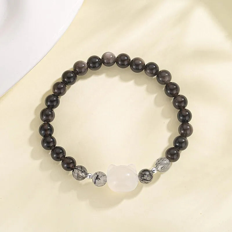 Natural silver stone cat crystal couple bracelet with obsidian material and electroplated finish