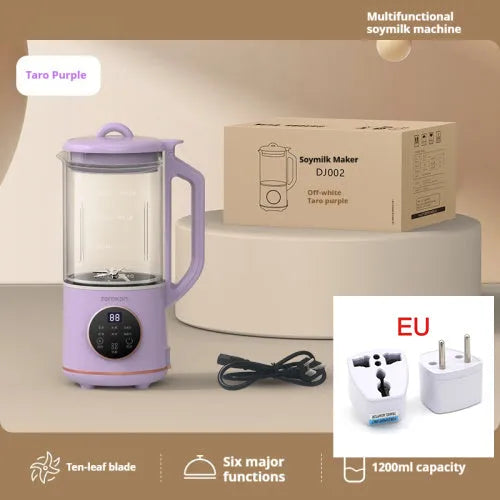 Household soybean milk machine with glass body in purple or white, showing touch control panel.