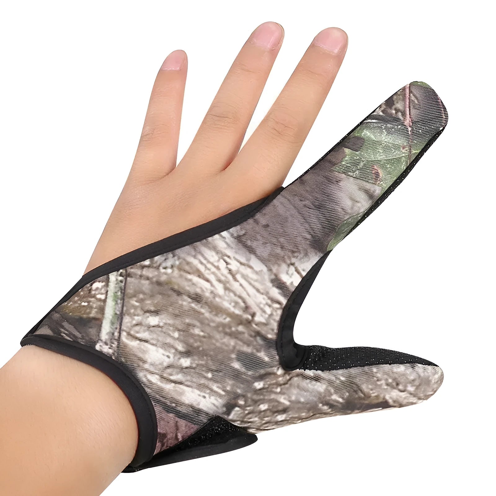 A single fishing glove with two-finger design in camouflage colour, showing diving cloth back and microfiber palm.