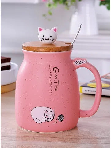 Cartoon cat ceramic mug with wooden lid and metal spoon in pink colour, 450ml capacity