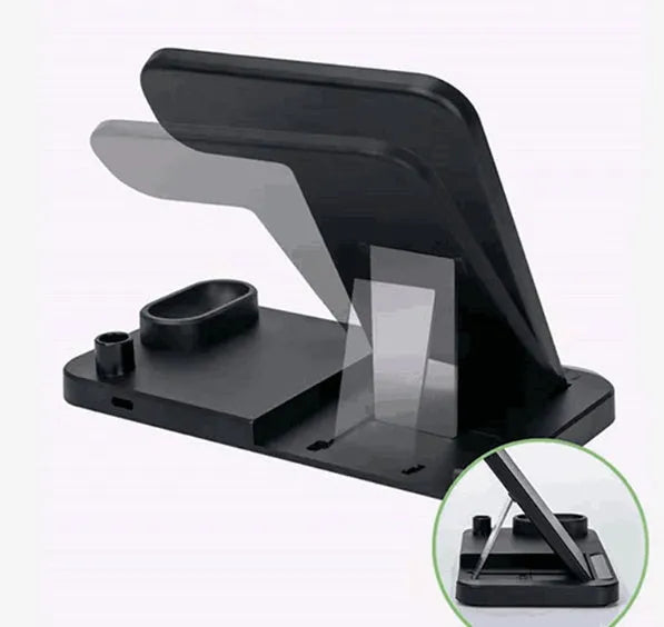 A white 4-in-1 wireless charger folded flat, showing charging pads for phone, Apple Watch, AirPods, and Apple Pencil.