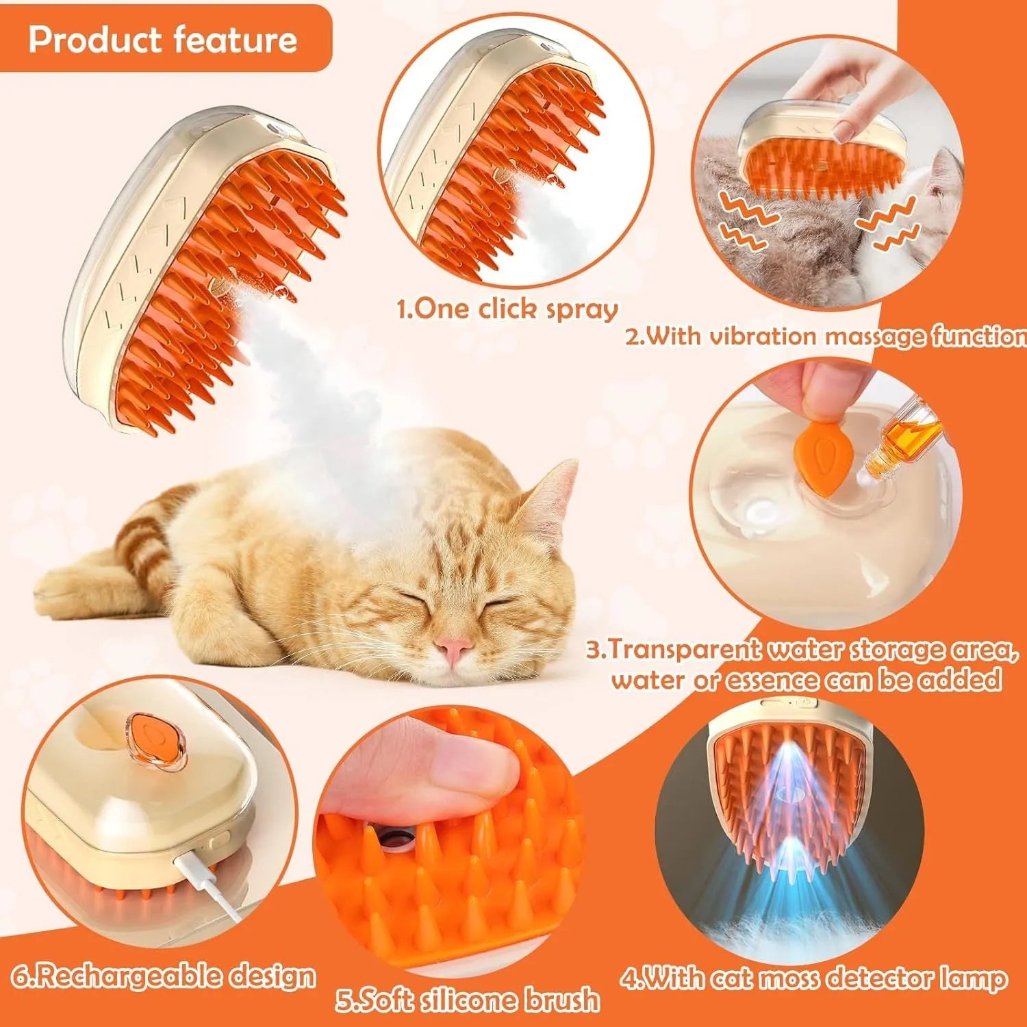 Yellow 4 in 1 cat steam brush with ringworm detector and silicone grooming teeth