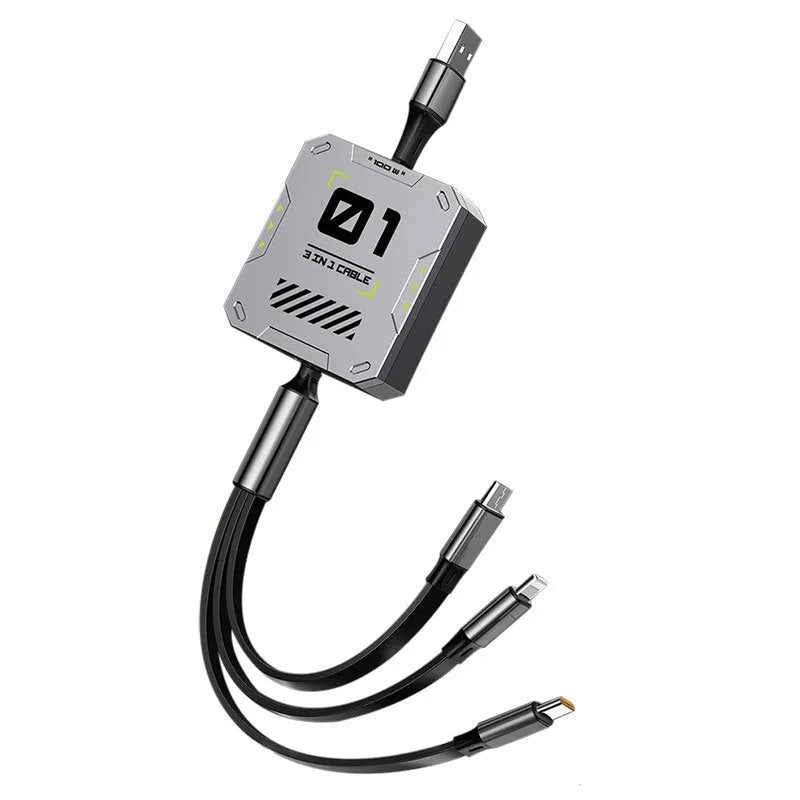 Three-in-one telescopic data cable with 100W super fast charge, grey black, mini USB interface