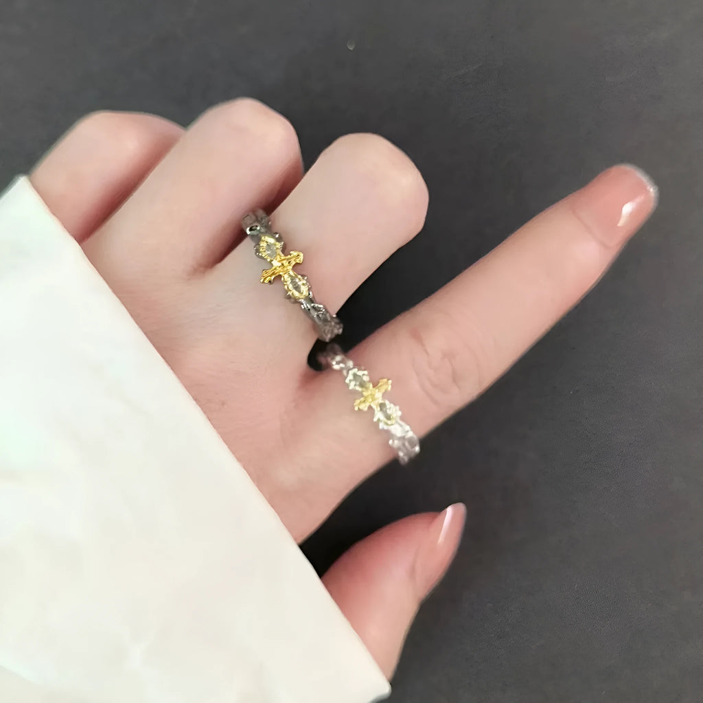 Geometric cross ring for women adjustable copper electroplated black gold and silver