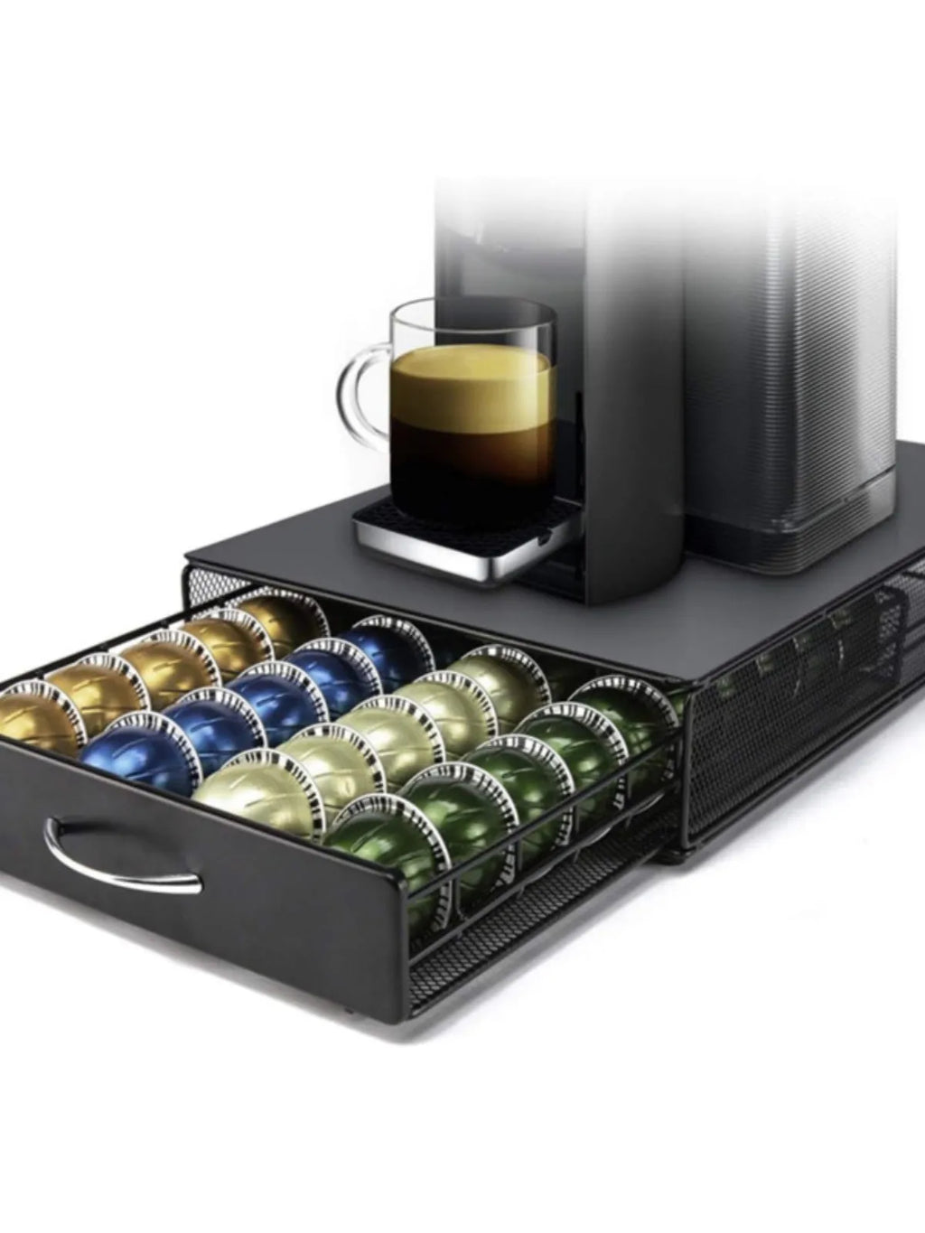 Black coffee capsule storage drawer with silver handle, 40x29x8.5cm, on a cafe countertop