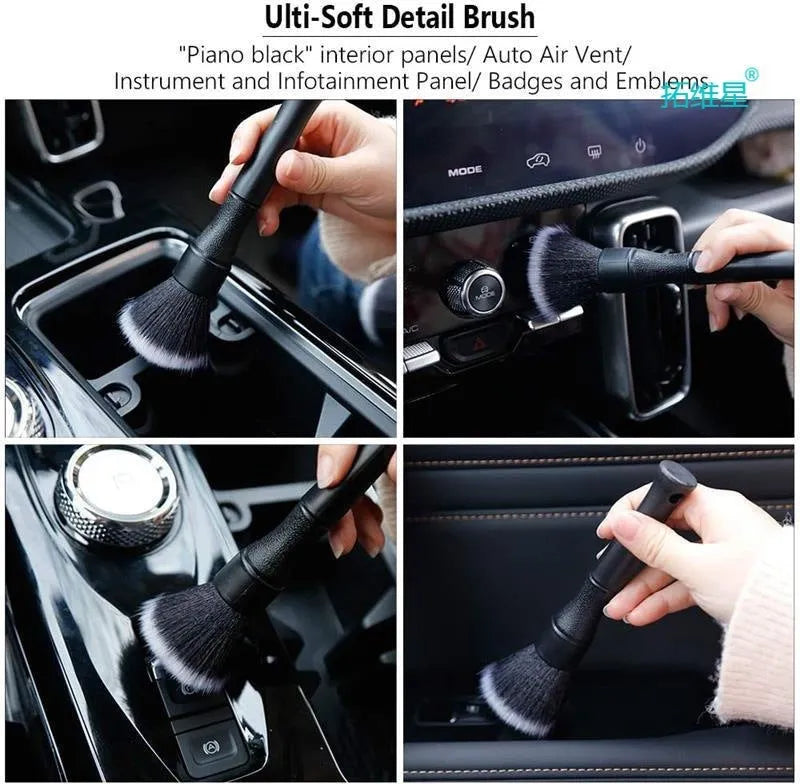 Black car detailing brush with PP handle and pig hair bristles showing 240mm and 160mm size options